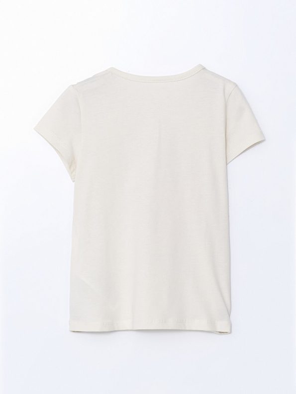 LCW ECO Cream Printed Round Neck T-Shirt for Girls