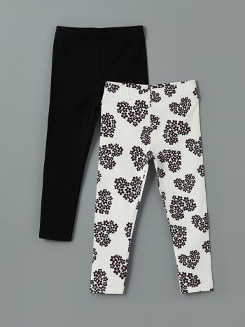 LCW Kids Black Elastic Waist Printed Leggings Set for Girls
