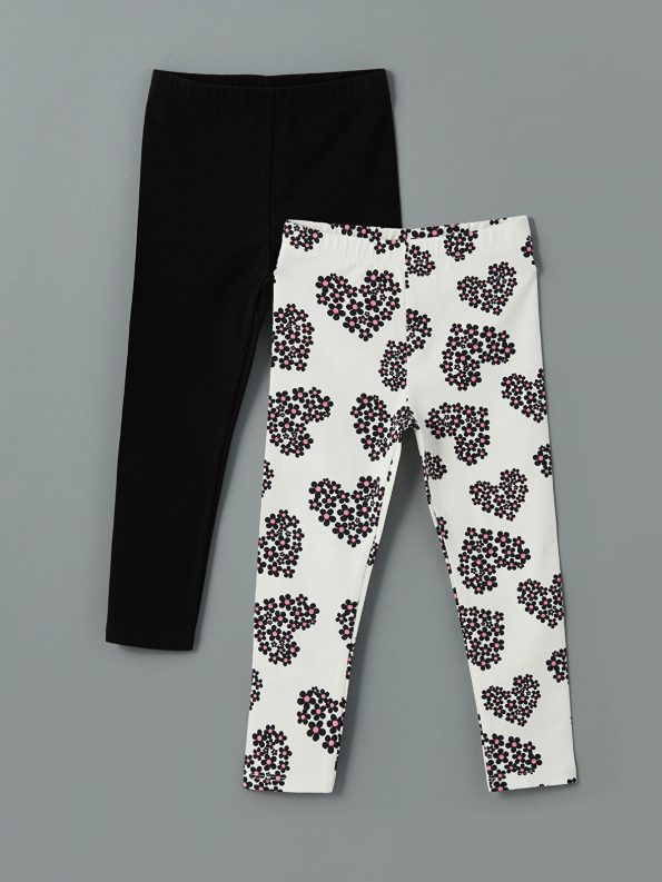 LCW Kids Black Elastic Waist Printed Leggings Set for Girls