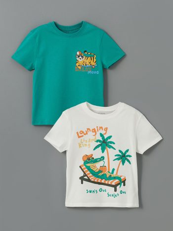 LCW Kids Cream Printed Crew Neck Boys T-Shirt Set