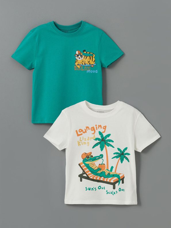 LCW Kids Cream Printed Crew Neck Boys T-Shirt Set