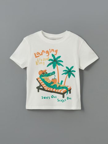LCW Kids Cream Printed Crew Neck Boys T-Shirt Set