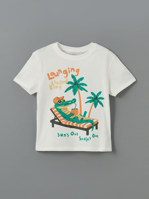LCW Kids Cream Printed Crew Neck Boys T-Shirt Set
