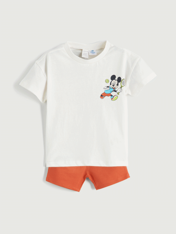 LCW Baby Beige Mickey Mouse Printed Baby Boys T-Shirt and Shorts Set