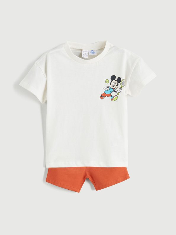 LCW Baby Beige Mickey Mouse Printed Baby Boys T-Shirt and Shorts Set