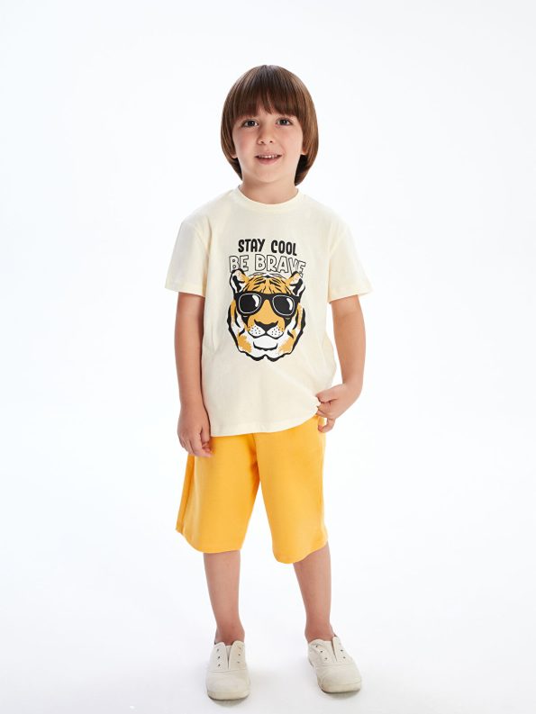 LCW Kids Beige Printed Crew Neck T-Shirt and Shorts Set