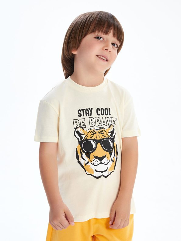 LCW Kids Beige Printed Crew Neck T-Shirt and Shorts Set
