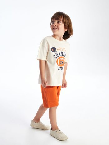 LCW Kids Beige Printed Crew Neck T-Shirt and Shorts Set