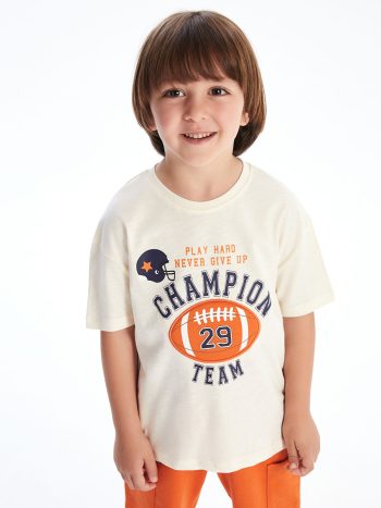 LCW Kids Beige Printed Crew Neck T-Shirt and Shorts Set