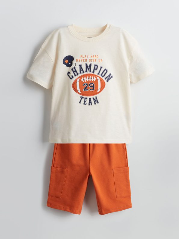 LCW Kids Beige Printed Crew Neck T-Shirt and Shorts Set