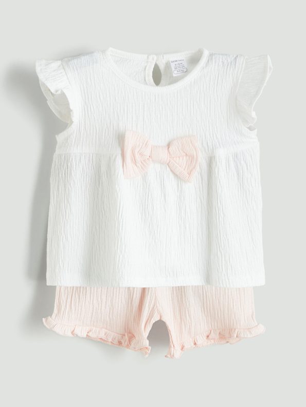 LCW Baby Cream Ribbon Girls' Blouse and Shorts Set