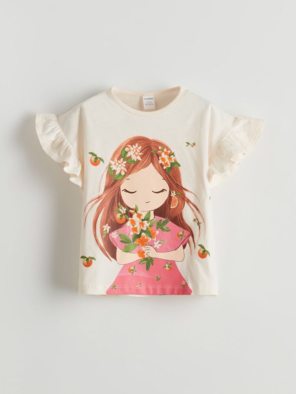 LCW Kids Cream Printed T-Shirt for Girls