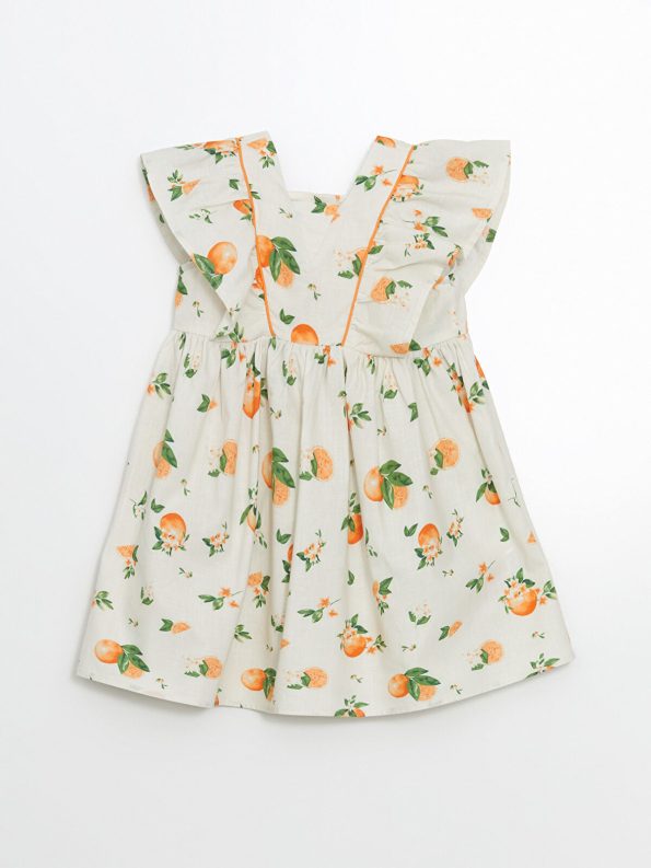 LCW Kids Ivory Square Neck Orange Print Dress