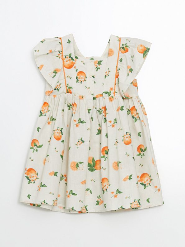 LCW Kids Ivory Square Neck Orange Print Dress