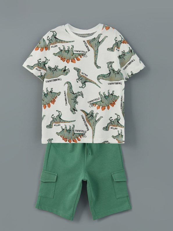 LCW Kids Cream Crew Neck Boys T-Shirt and Shorts Set