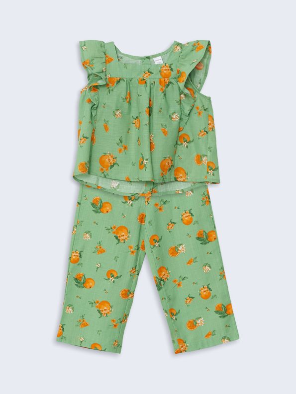 LCW Kids Green Orange Printed Girls Blouse and Capri Pants Set