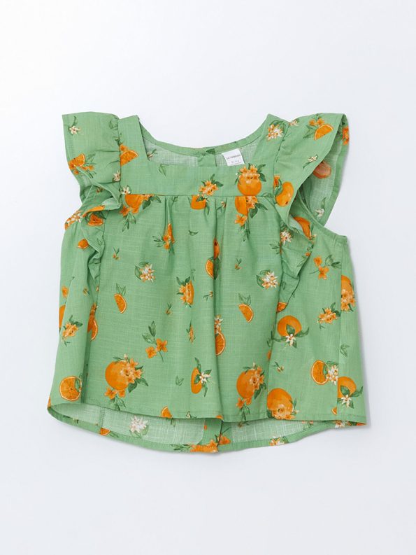 LCW Kids Green Orange Printed Girls Blouse and Capri Pants Set