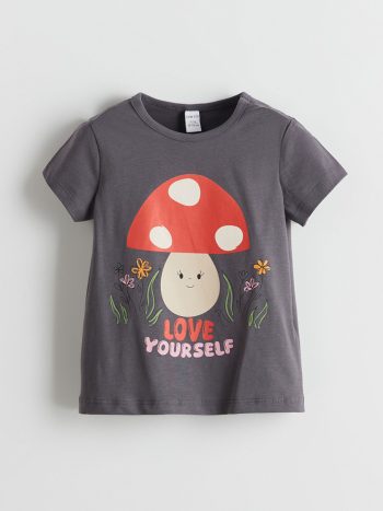 LCW ECO Gray Crew Neck Printed T-Shirt for Girls