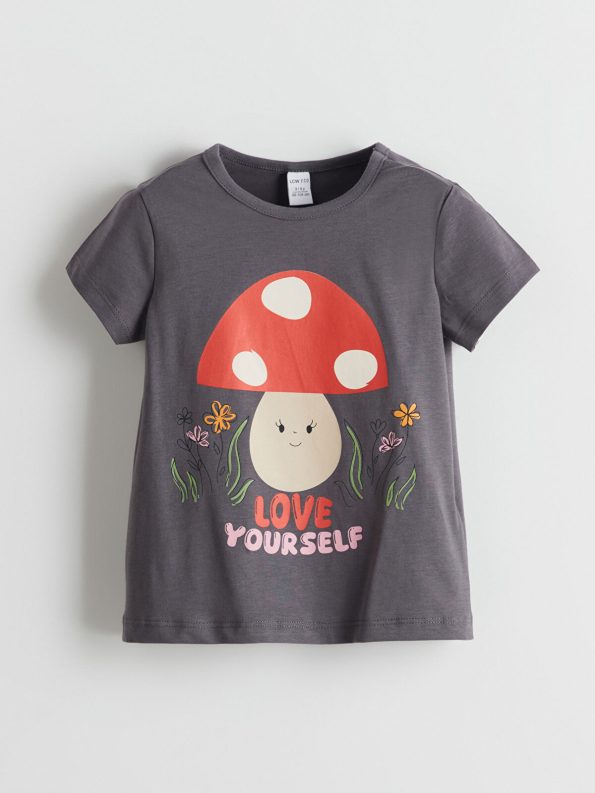 LCW ECO Gray Crew Neck Printed T-Shirt for Girls