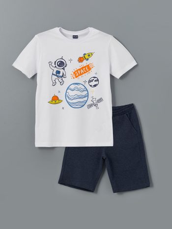 LCW ECO White Crew Neck Boys' T-Shirt and Shorts Set