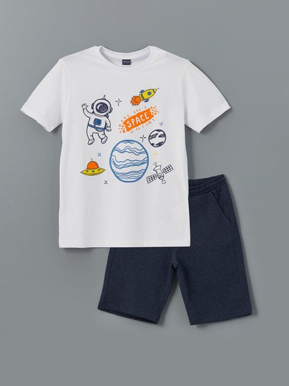 LCW ECO White Crew Neck Boys' T-Shirt and Shorts Set