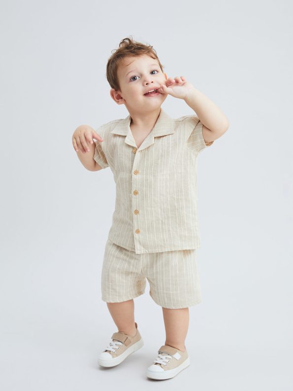 KANZ Beige Resort Collar Boys' Shirt and Shorts Set