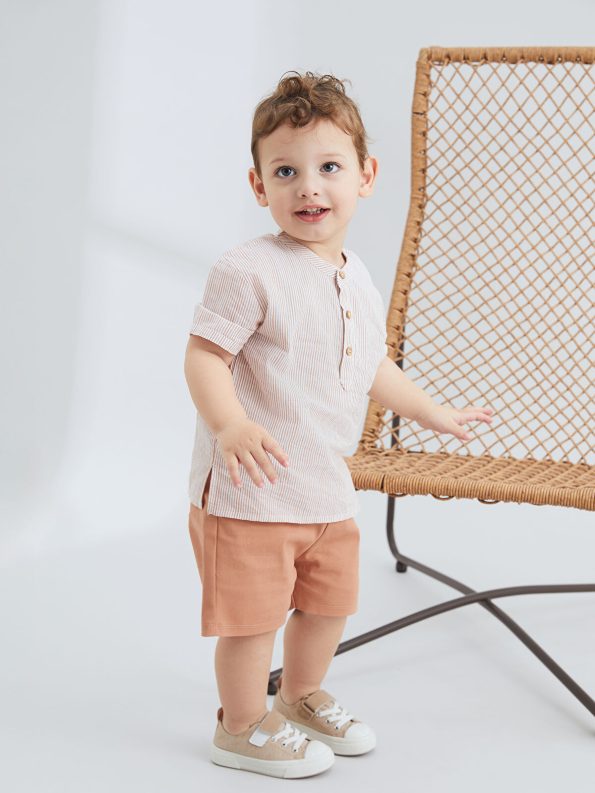KANZ Ecru Striped Baby Boy Shirt and Shorts Set