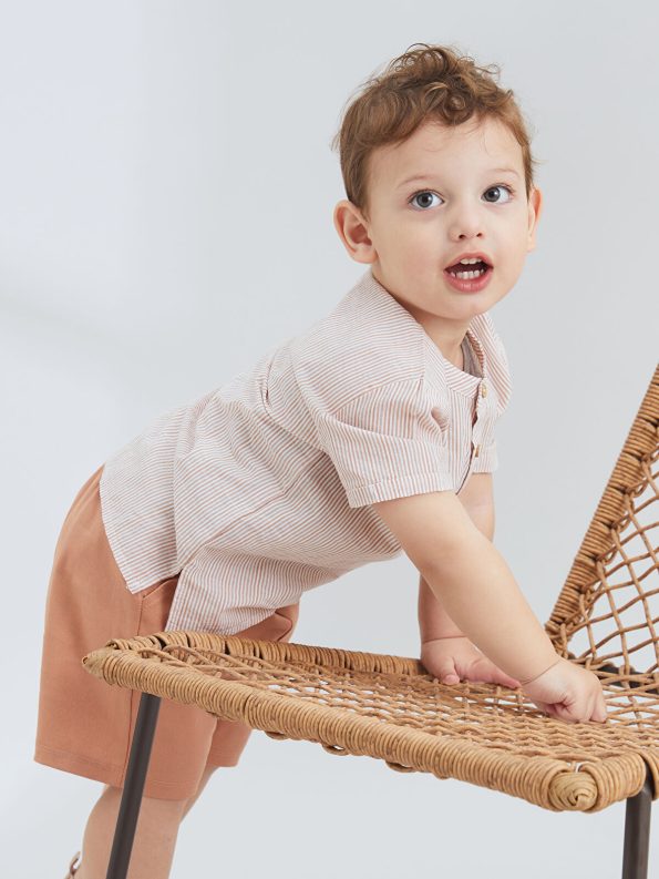KANZ Ecru Striped Baby Boy Shirt and Shorts Set