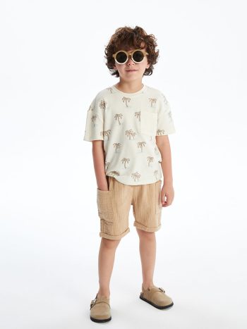 LCW Kids Beige Elastic Waist Basic Muslin Boys Cargo Shorts