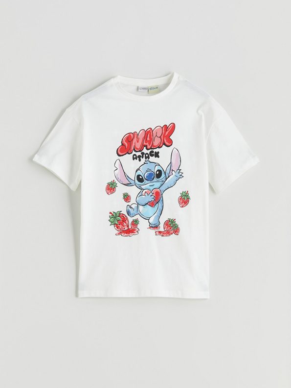 LCW Kids Cream Crew Neck Lilo & Stitch Printed T-Shirt