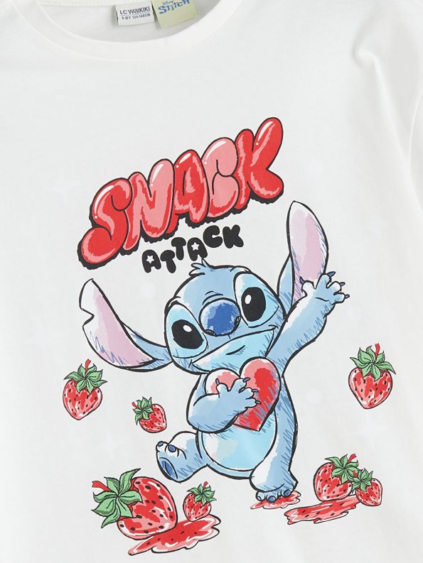 LCW Kids Cream Crew Neck Lilo & Stitch Printed T-Shirt