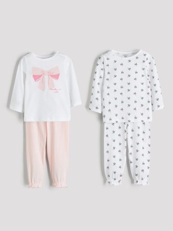 LCW Baby White Printed Crew Neck Pajama Set for Girls