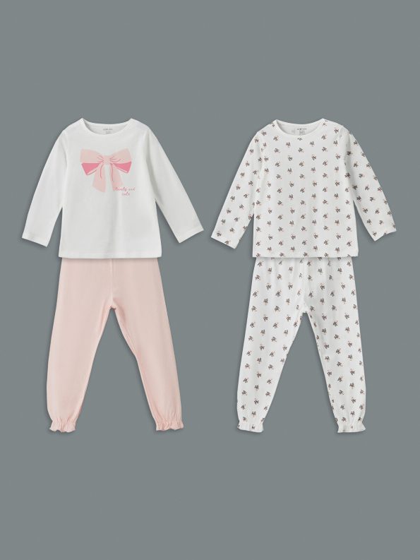 LCW Baby White Printed Crew Neck Pajama Set for Girls
