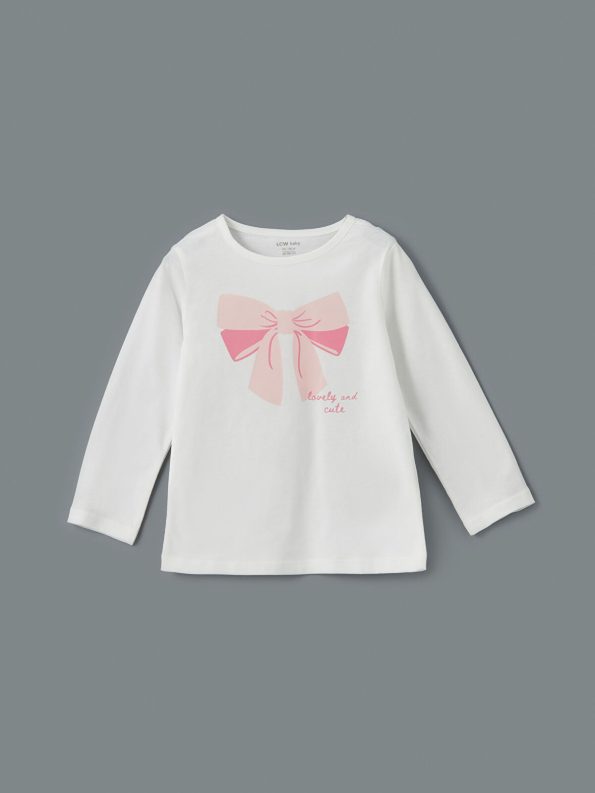 LCW Baby White Printed Crew Neck Pajama Set for Girls