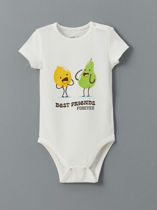LCW ECO Cream Crew Neck Printed Baby Boy Bodysuit Set of 2