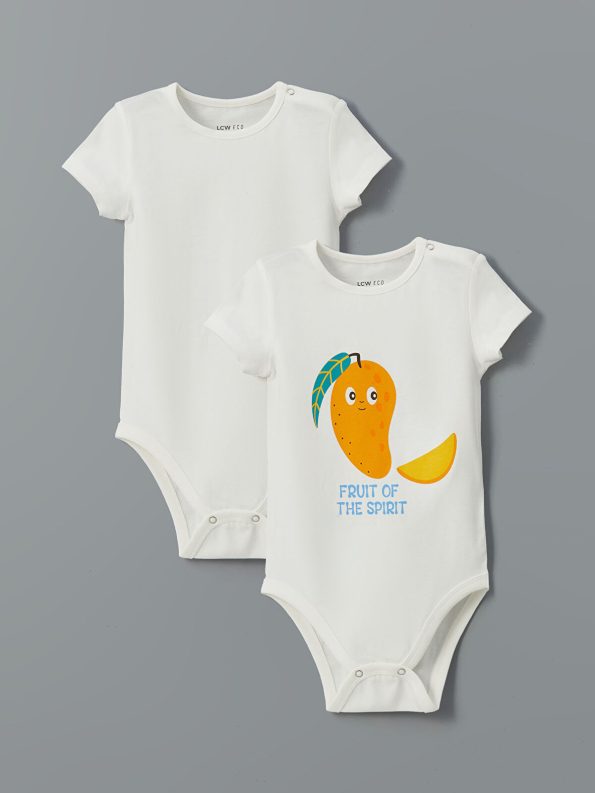 LCW ECO Cream Bicycle Neck Printed Baby Boy Bodysuit Set of 2