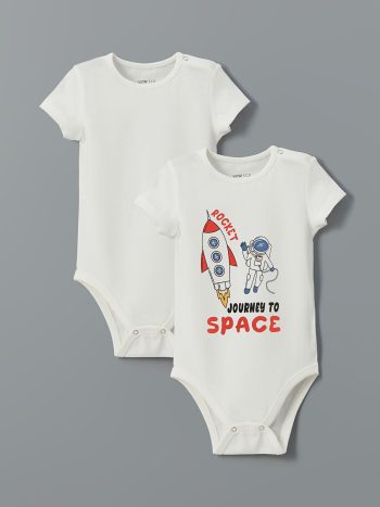 LCW ECO Cream Crew Neck Printed Baby Boy Bodysuit Set of 2