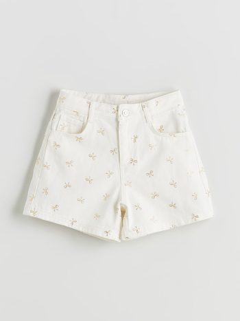 LCW Kids Cream Bow Print Girls' Denim Shorts