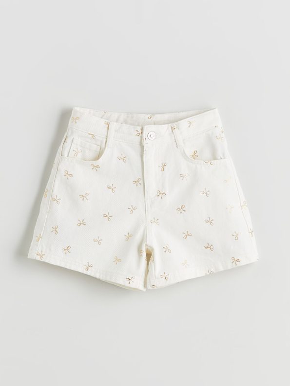 LCW Kids Cream Bow Print Girls' Denim Shorts