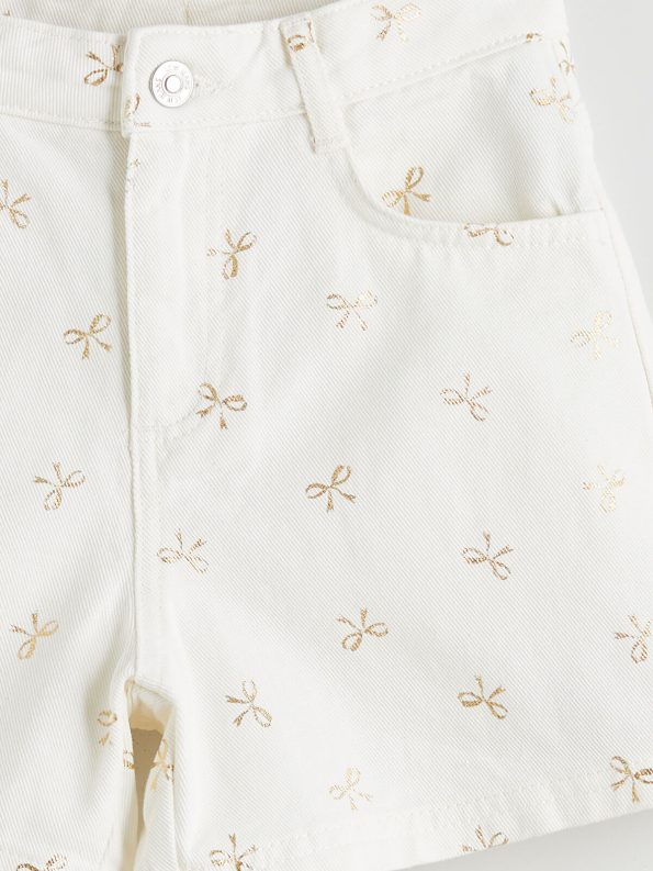 LCW Kids Cream Bow Print Girls' Denim Shorts