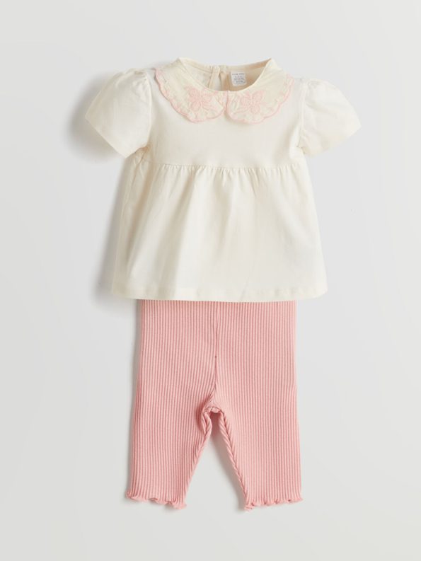 LCW Baby Beige Cotton Girl Baby Blouse and Capri Leggings Set