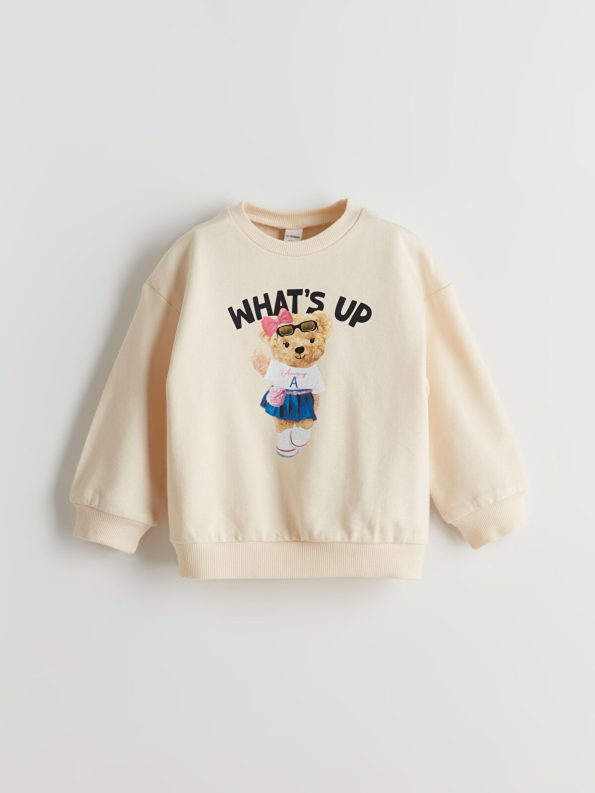 LCW Kids Beige Bear Print Crew Neck Sweatshirt