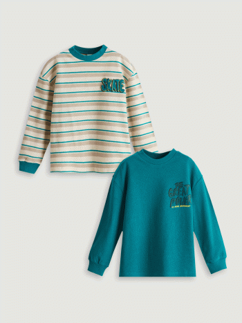 LCW Kids Beige Printed Crew Neck T-Shirt Set for Boys
