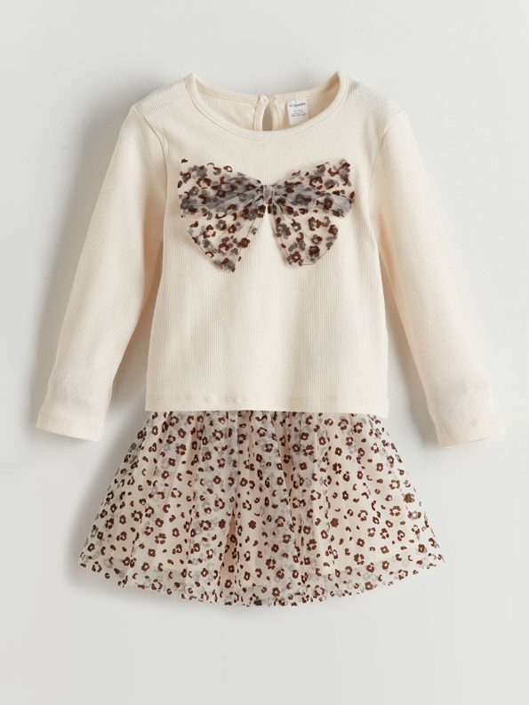 LCW Kids Cream Leopard Print Blouse and Skirt Set