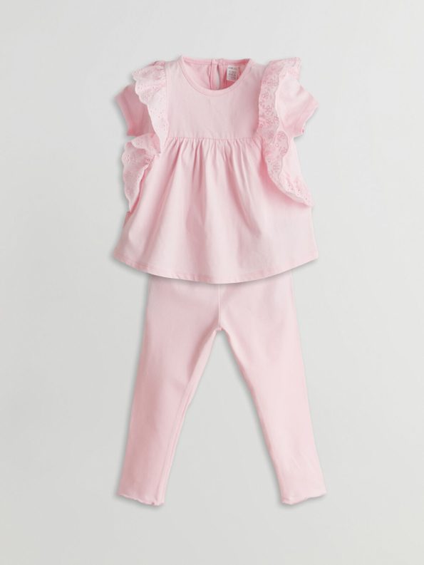 LCW ECO Pink Bicycle Neck Basic Baby Girl Blouse and Leggings Set