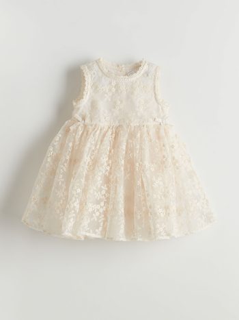 LCW Kids Cream Bicycle Neck Lace Dress for Girls