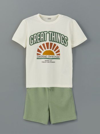 LCW Kids Cream Crew Neck T-Shirt and Shorts Set