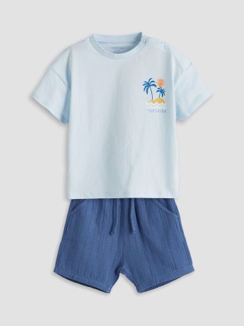 LCW Baby Blue Printed Boy's Romper and Shorts Set
