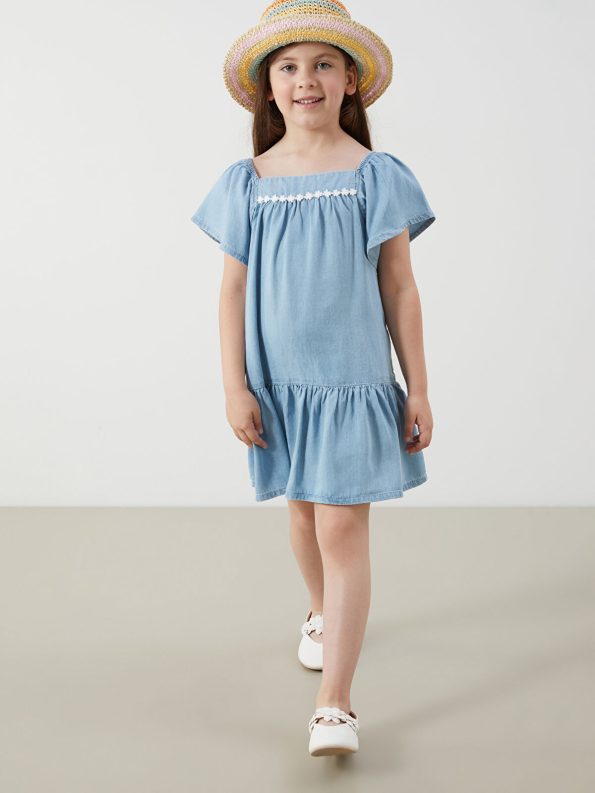 LCW Kids Blue Floral Embroidered Girls' Jean Dress