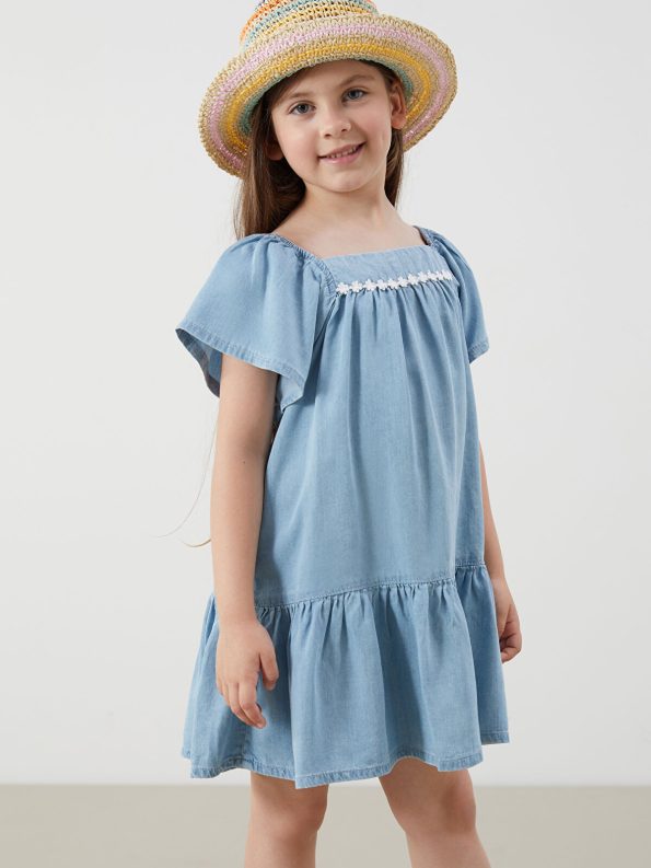 LCW Kids Blue Floral Embroidered Girls' Jean Dress
